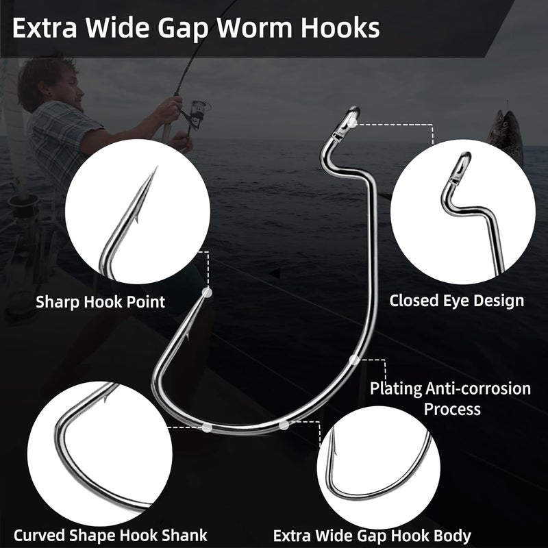 FishTrip EWG Hooks for Bass Fishing - 50/100/120pcs Offset Worm Hook Texas Rig Hooks for Freshwater Saltwater Size 1 1/0 2/0 3/0 4/0 5/0 - Image 2